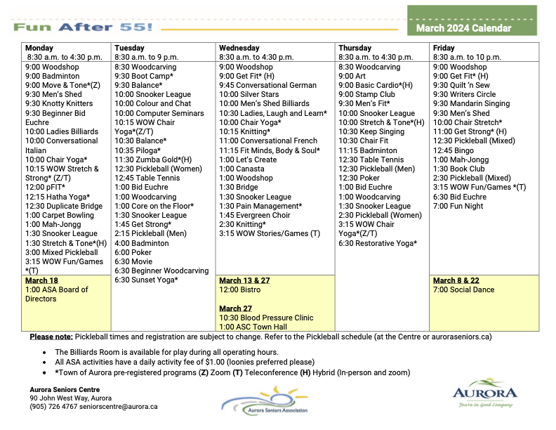 Calendar of Events at the Aurora Seniors Centre Aurora, Ontario